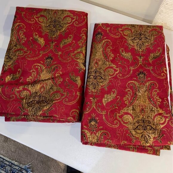 2 52W x 84L Red Background Gold Embroidery Lined Curtains - Picture 1 of 4